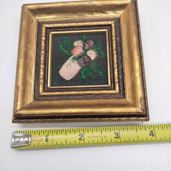Vintage Miniature Original Floral Painting on Fabric Framed Art 3.5" x 3.5" - Picture 8 of 9